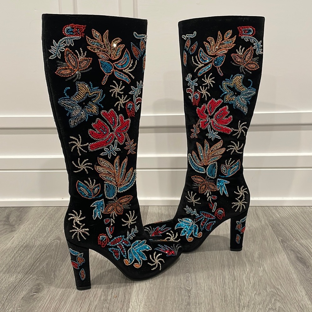 Jeffrey Campbell Black Floral Embroidered Heeled Boots